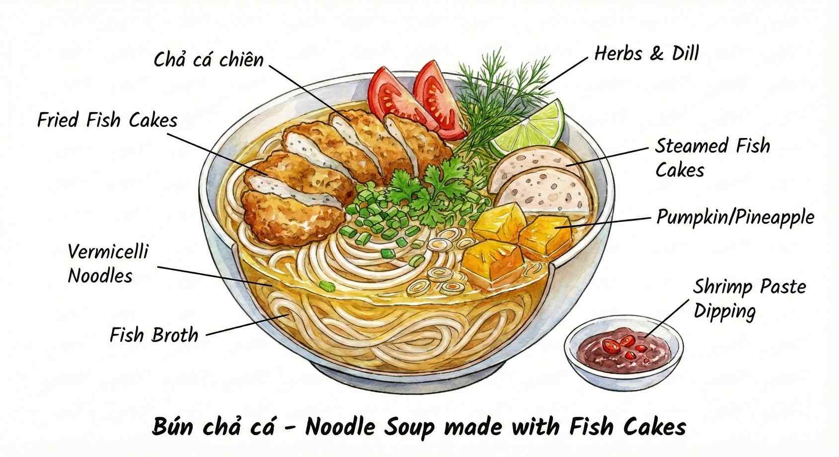 Bún Chả Cá ingredients sketch